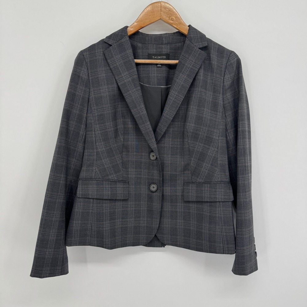 Talbots Blazer Women 6 Grey Plaid Wool Two Button Academia Office Old Money
